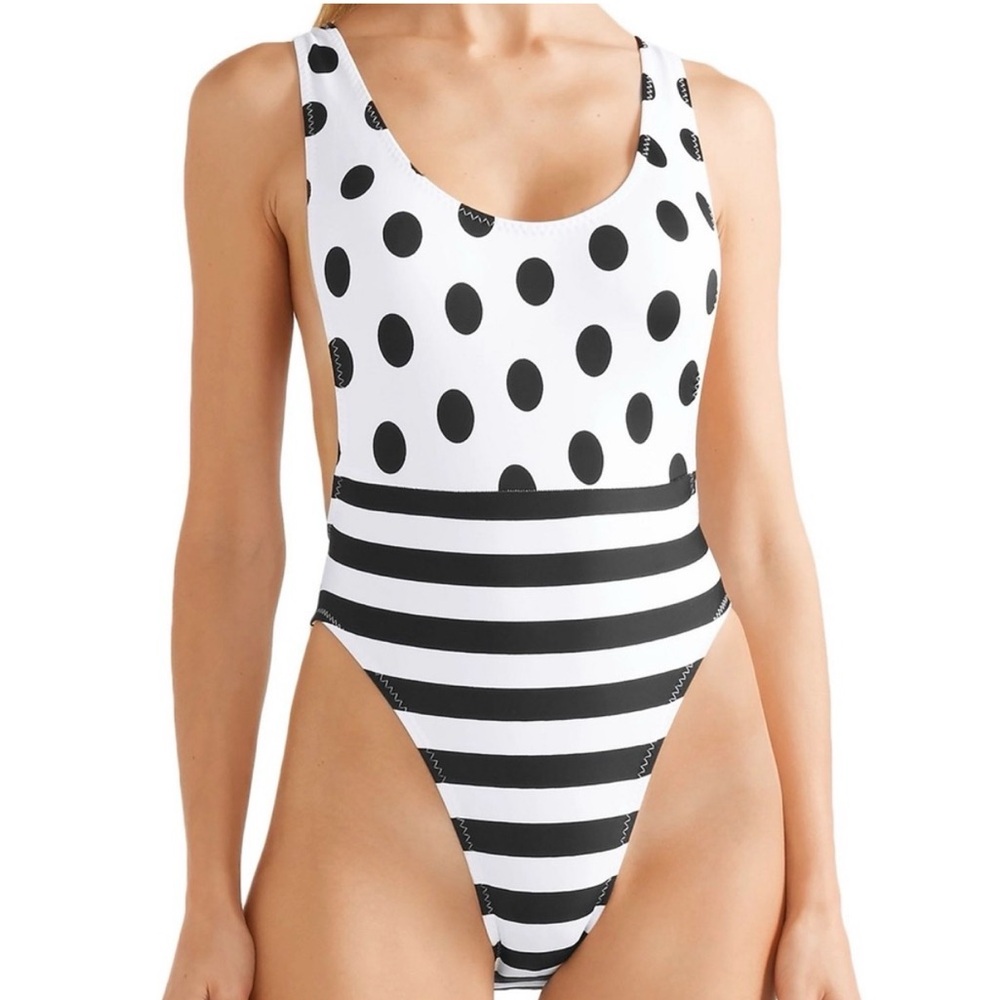 NEW Norma Kamali Spliced Marissa Polkadot Striped Swimsuit One Piece XS
